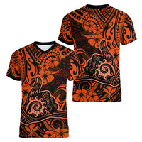 Hawaii Shaka Sign Women V Neck T Shirt With Polynesian Hibiscus Orange Unique - Wonder Print Shop