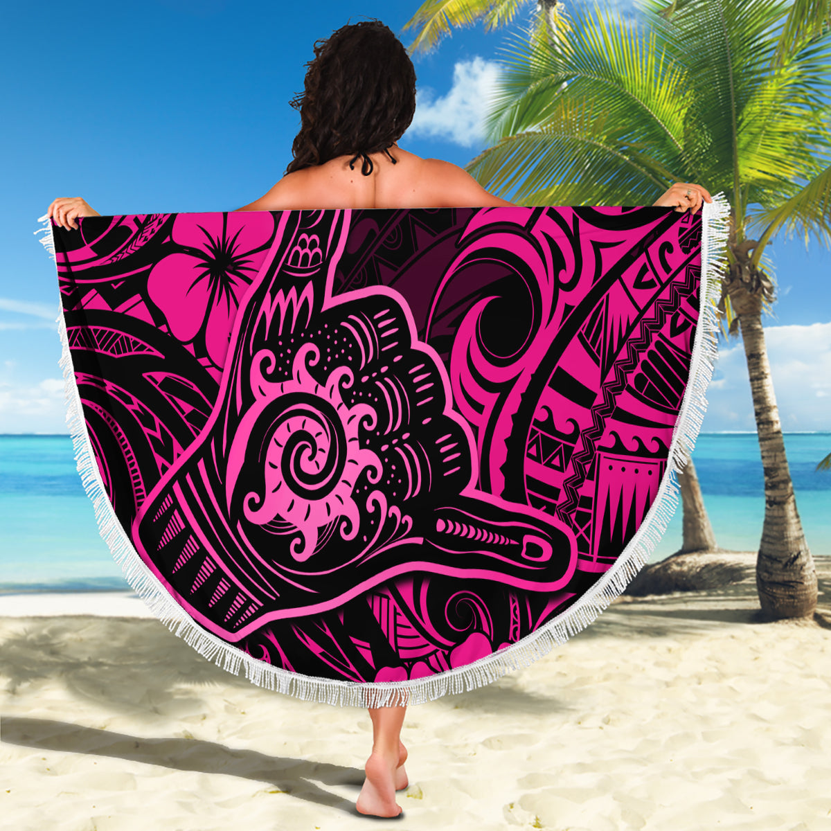 Hawaii Shaka Sign Beach Blanket With Polynesian Hibiscus Pink Unique - Wonder Print Shop