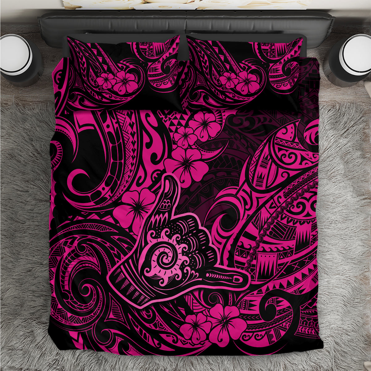 Hawaii Shaka Sign Bedding Set With Polynesian Hibiscus Pink Unique - Wonder Print Shop