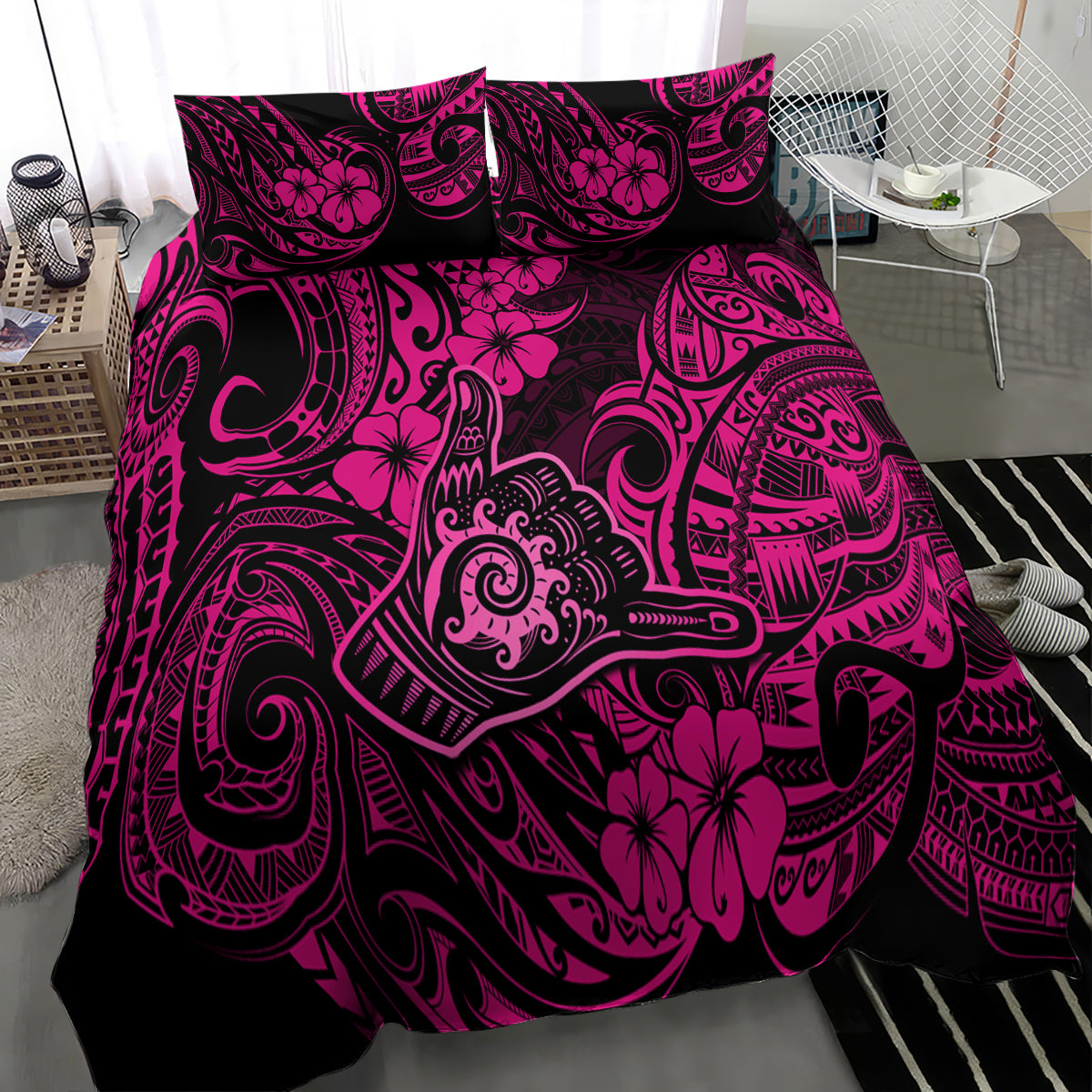 Hawaii Shaka Sign Bedding Set With Polynesian Hibiscus Pink Unique - Wonder Print Shop