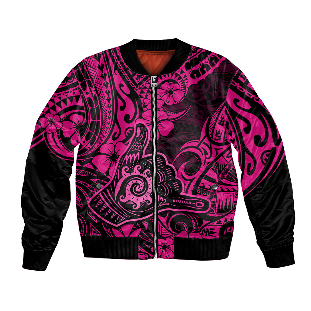 Hawaii Shaka Sign Bomber Jacket With Polynesian Hibiscus Pink Unique - Wonder Print Shop