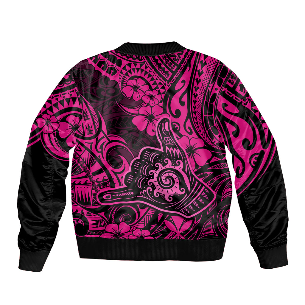 Hawaii Shaka Sign Bomber Jacket With Polynesian Hibiscus Pink Unique - Wonder Print Shop