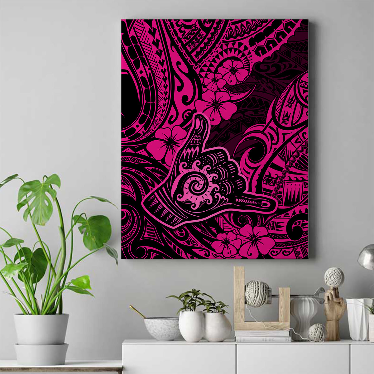 Hawaii Shaka Sign Canvas Wall Art With Polynesian Hibiscus Pink Unique - Wonder Print Shop