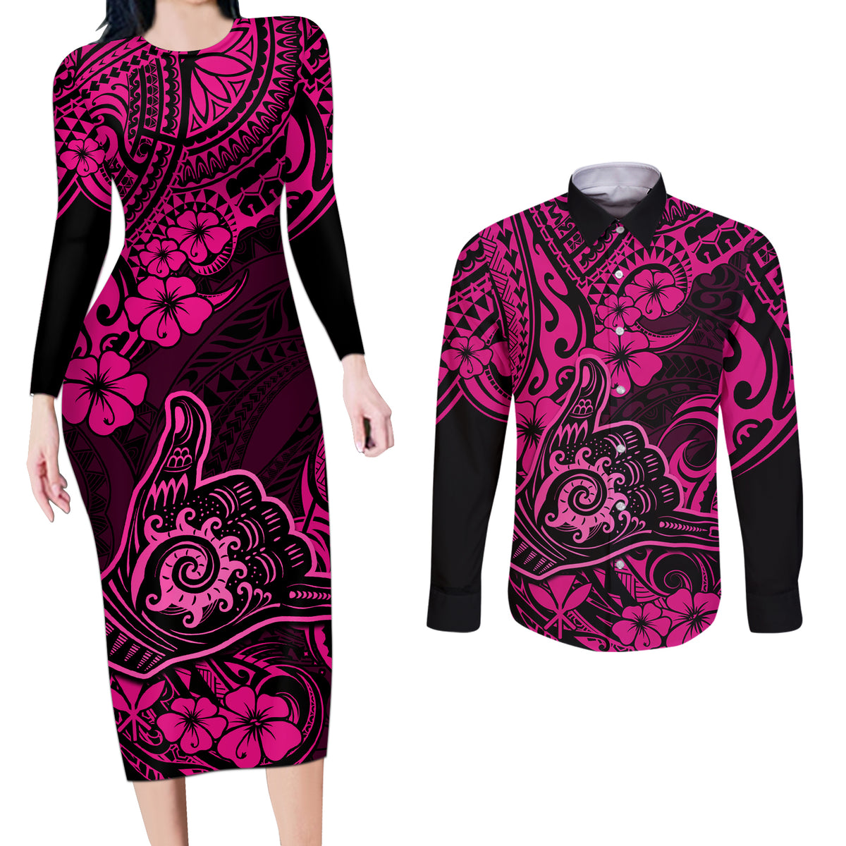 Hawaii Shaka Sign Couples Matching Long Sleeve Bodycon Dress and Long Sleeve Button Shirts With Polynesian Hibiscus Pink Unique - Wonder Print Shop
