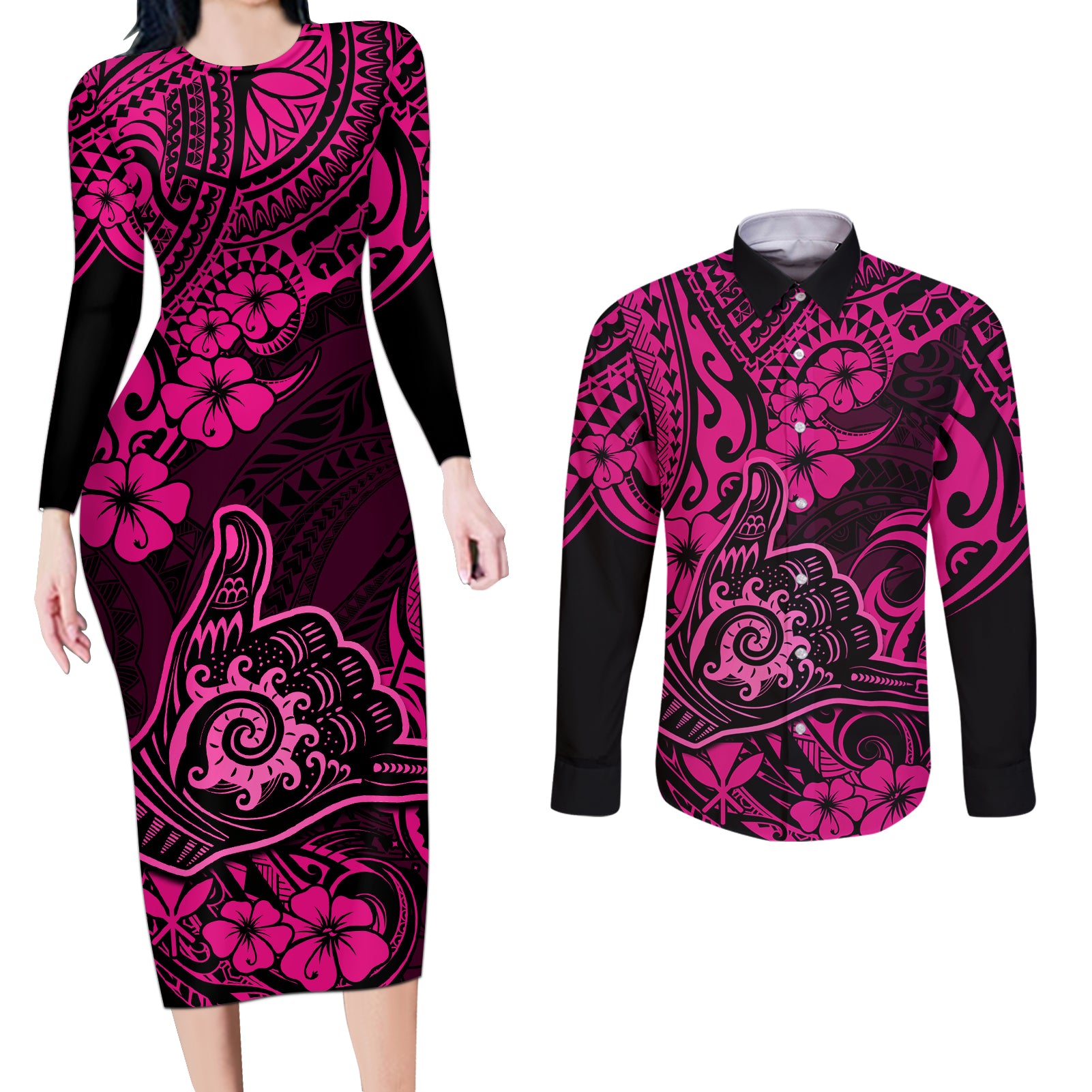 Hawaii Shaka Sign Couples Matching Long Sleeve Bodycon Dress and Long Sleeve Button Shirts With Polynesian Hibiscus Pink Unique - Wonder Print Shop