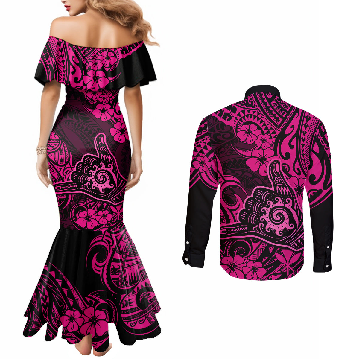 hawaii-shaka-sign-couples-matching-mermaid-dress-and-long-sleeve-button-shirts-with-polynesian-hibiscus-pink-unique