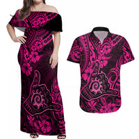 Hawaii Shaka Sign Couples Matching Off Shoulder Maxi Dress and Hawaiian Shirt With Polynesian Hibiscus Pink Unique - Wonder Print Shop