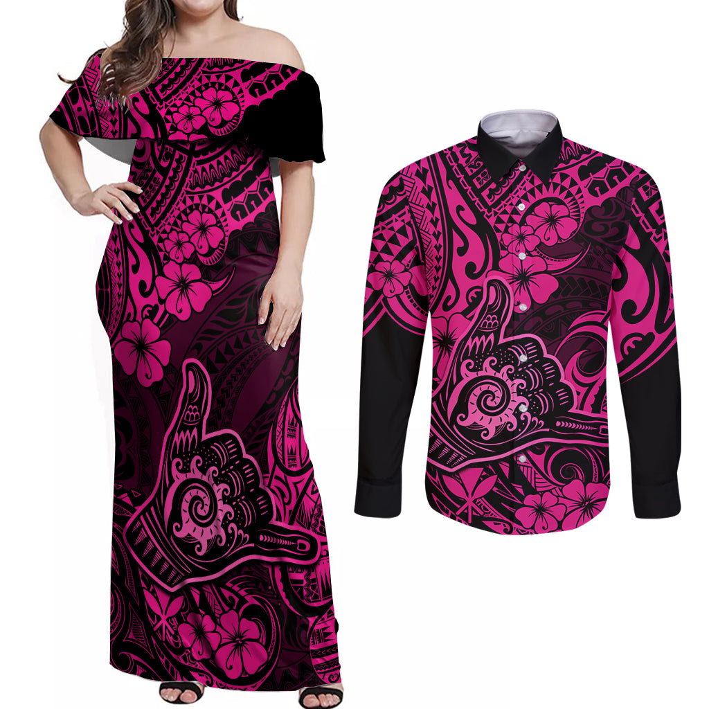 Hawaii Shaka Sign Couples Matching Off Shoulder Maxi Dress and Long Sleeve Button Shirts With Polynesian Hibiscus Pink Unique - Wonder Print Shop