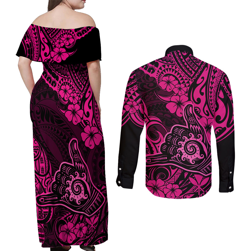 Hawaii Shaka Sign Couples Matching Off Shoulder Maxi Dress and Long Sleeve Button Shirts With Polynesian Hibiscus Pink Unique - Wonder Print Shop