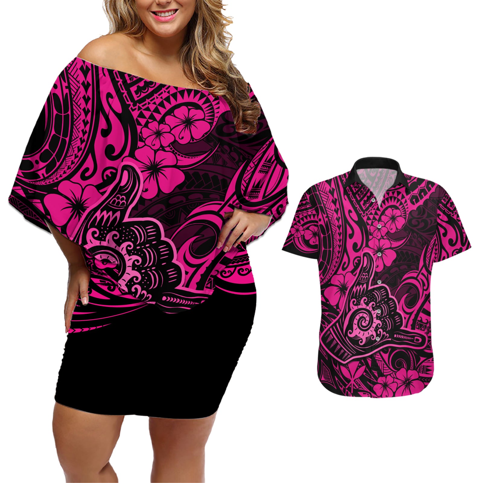 Hawaii Shaka Sign Couples Matching Off Shoulder Short Dress and Hawaiian Shirt With Polynesian Hibiscus Pink Unique - Wonder Print Shop