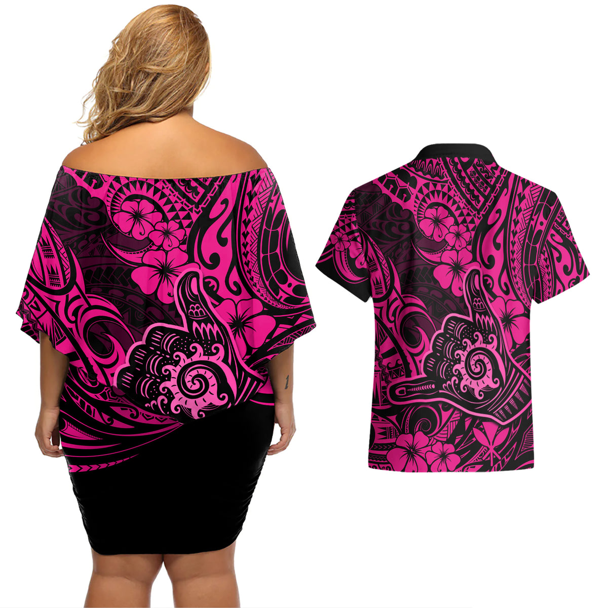 Hawaii Shaka Sign Couples Matching Off Shoulder Short Dress and Hawaiian Shirt With Polynesian Hibiscus Pink Unique - Wonder Print Shop