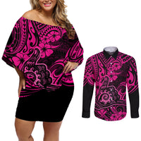 Hawaii Shaka Sign Couples Matching Off Shoulder Short Dress and Long Sleeve Button Shirts With Polynesian Hibiscus Pink Unique - Wonder Print Shop