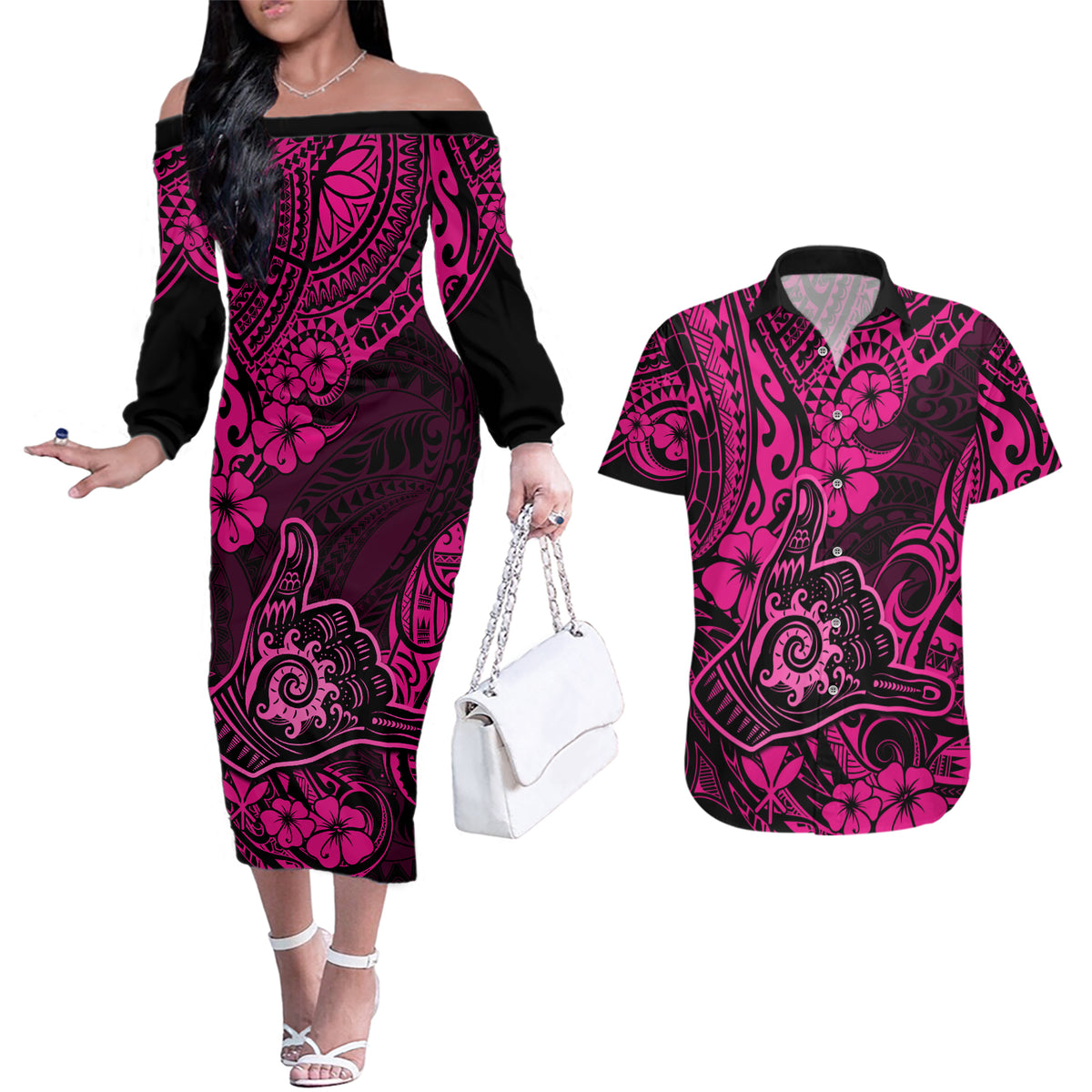 Hawaii Shaka Sign Couples Matching Off The Shoulder Long Sleeve Dress and Hawaiian Shirt With Polynesian Hibiscus Pink Unique - Wonder Print Shop