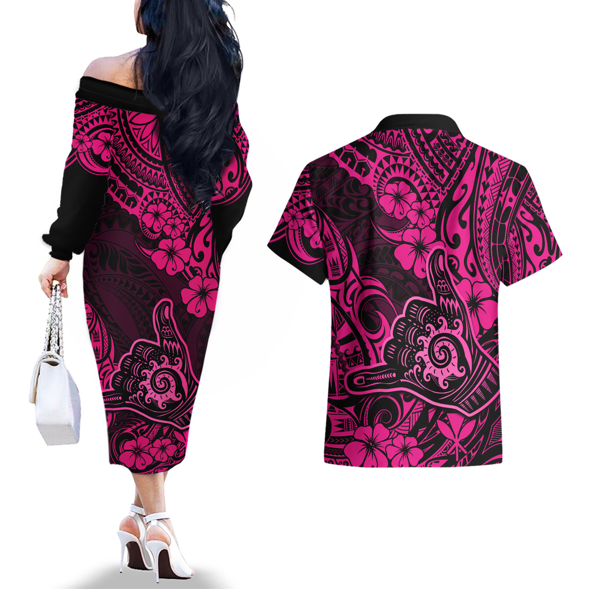 Hawaii Shaka Sign Couples Matching Off The Shoulder Long Sleeve Dress and Hawaiian Shirt With Polynesian Hibiscus Pink Unique - Wonder Print Shop