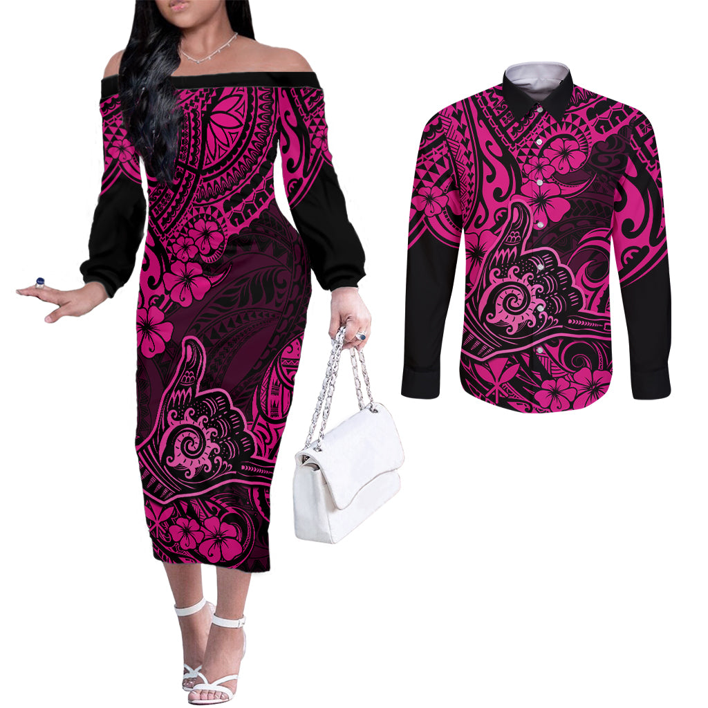 hawaii-shaka-sign-couples-matching-off-the-shoulder-long-sleeve-dress-and-long-sleeve-button-shirts-with-polynesian-hibiscus-pink-unique