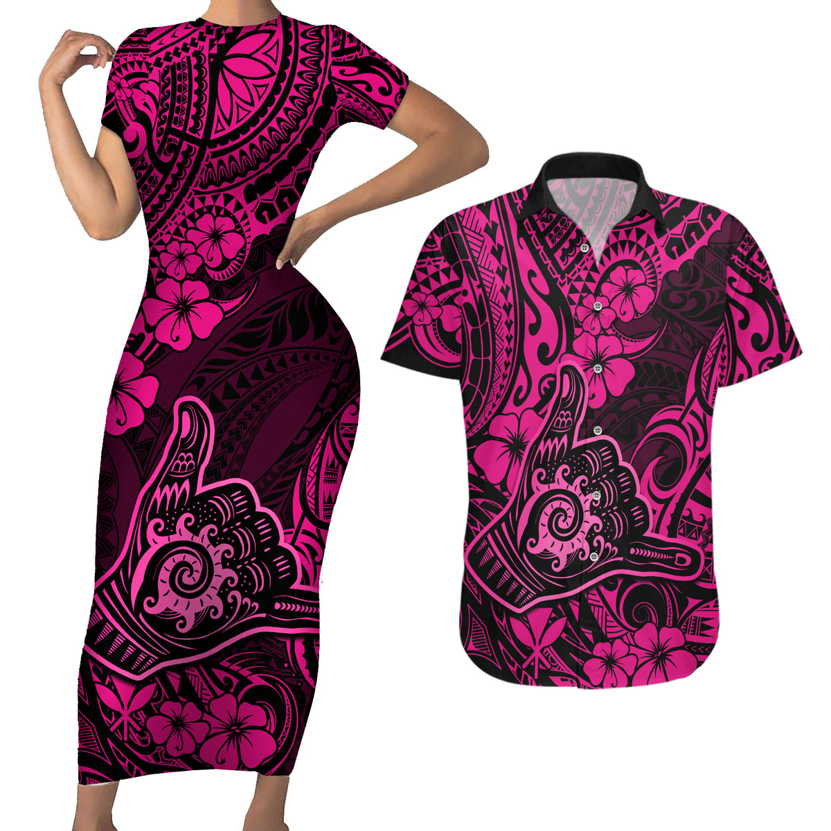 Hawaii Shaka Sign Couples Matching Short Sleeve Bodycon Dress and Hawaiian Shirt With Polynesian Hibiscus Pink Unique - Wonder Print Shop