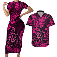 Hawaii Shaka Sign Couples Matching Short Sleeve Bodycon Dress and Hawaiian Shirt With Polynesian Hibiscus Pink Unique - Wonder Print Shop