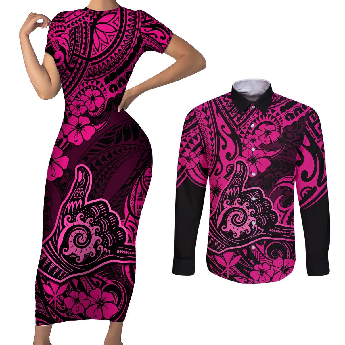 Hawaii Shaka Sign Couples Matching Short Sleeve Bodycon Dress and Long Sleeve Button Shirts With Polynesian Hibiscus Pink Unique - Wonder Print Shop
