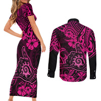 Hawaii Shaka Sign Couples Matching Short Sleeve Bodycon Dress and Long Sleeve Button Shirts With Polynesian Hibiscus Pink Unique - Wonder Print Shop