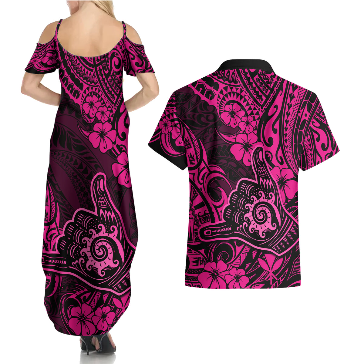 Hawaii Shaka Sign Couples Matching Summer Maxi Dress and Hawaiian Shirt With Polynesian Hibiscus Pink Unique - Wonder Print Shop