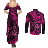 Hawaii Shaka Sign Couples Matching Summer Maxi Dress and Long Sleeve Button Shirts With Polynesian Hibiscus Pink Unique - Wonder Print Shop