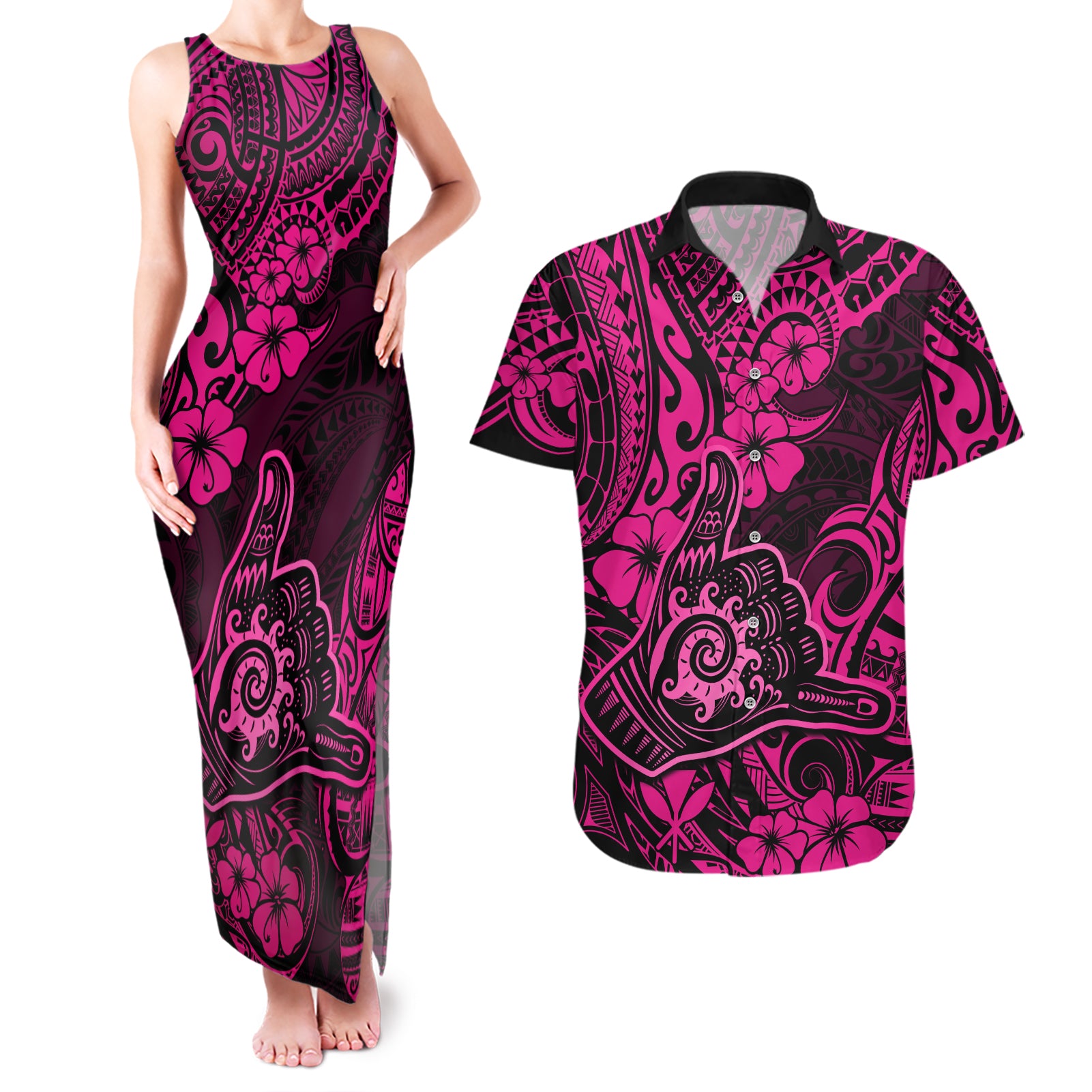 Hawaii Shaka Sign Couples Matching Tank Maxi Dress and Hawaiian Shirt With Polynesian Hibiscus Pink Unique - Wonder Print Shop