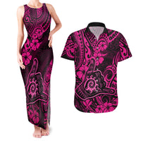 Hawaii Shaka Sign Couples Matching Tank Maxi Dress and Hawaiian Shirt With Polynesian Hibiscus Pink Unique - Wonder Print Shop