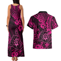 Hawaii Shaka Sign Couples Matching Tank Maxi Dress and Hawaiian Shirt With Polynesian Hibiscus Pink Unique - Wonder Print Shop