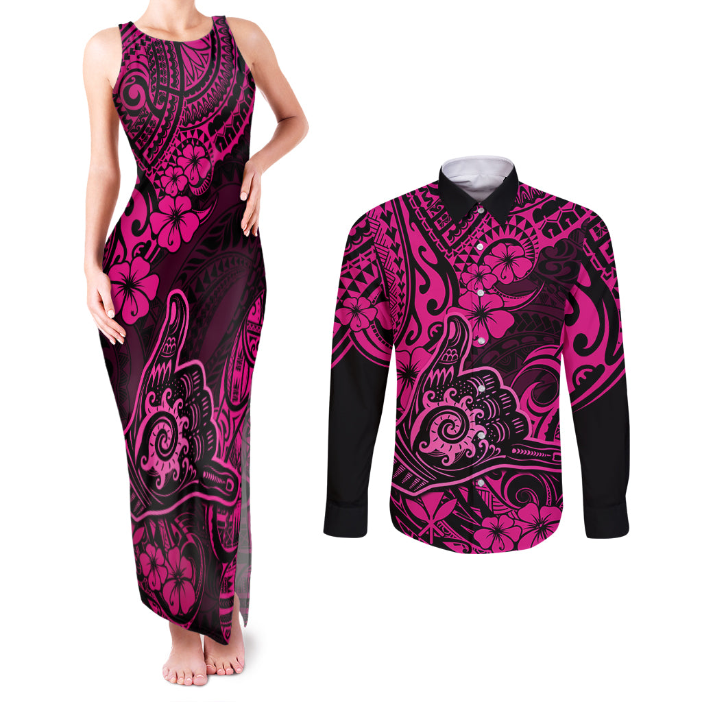 Hawaii Shaka Sign Couples Matching Tank Maxi Dress and Long Sleeve Button Shirts With Polynesian Hibiscus Pink Unique - Wonder Print Shop