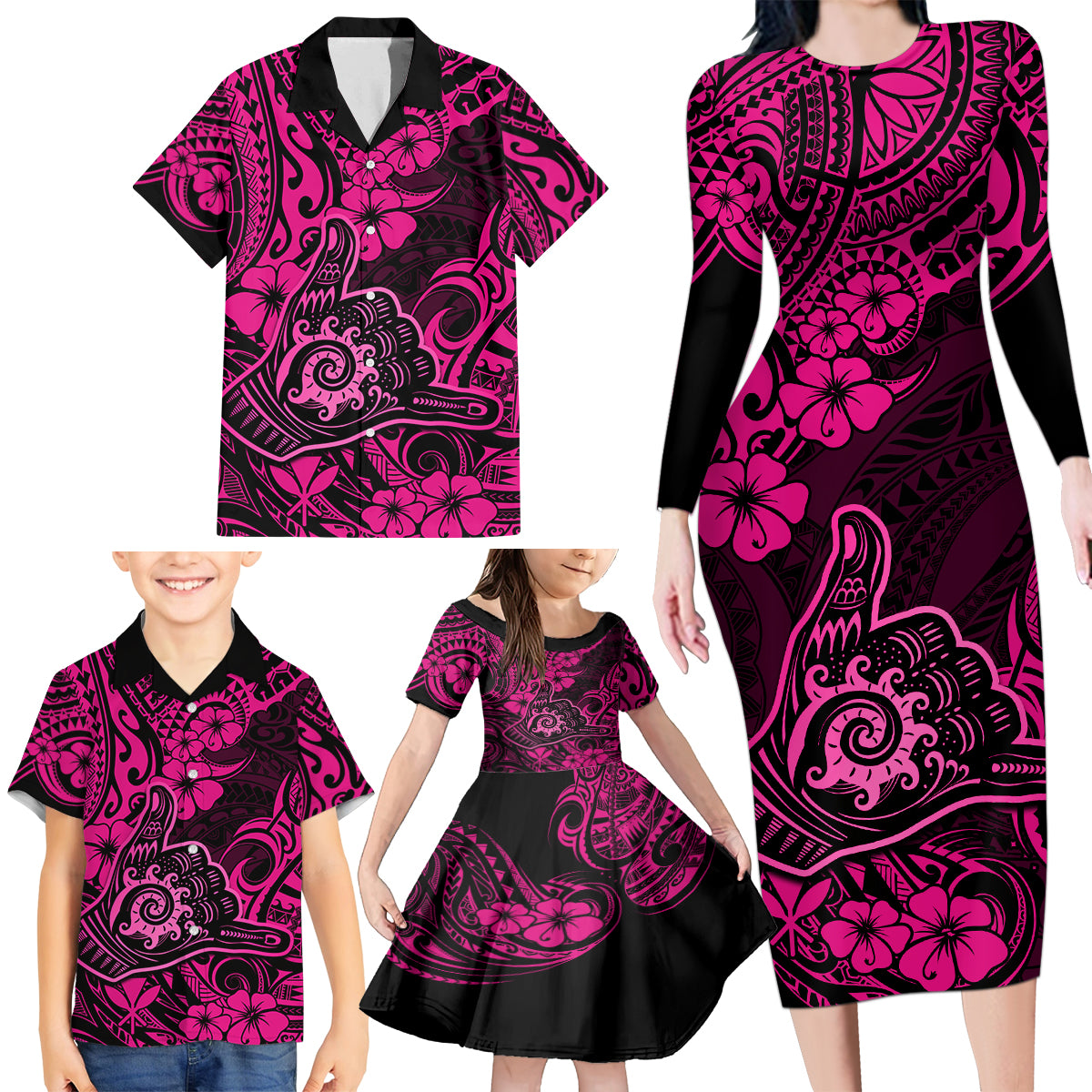 Hawaii Shaka Sign Family Matching Long Sleeve Bodycon Dress and Hawaiian Shirt With Polynesian Hibiscus Pink Unique - Wonder Print Shop