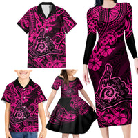 Hawaii Shaka Sign Family Matching Long Sleeve Bodycon Dress and Hawaiian Shirt With Polynesian Hibiscus Pink Unique - Wonder Print Shop