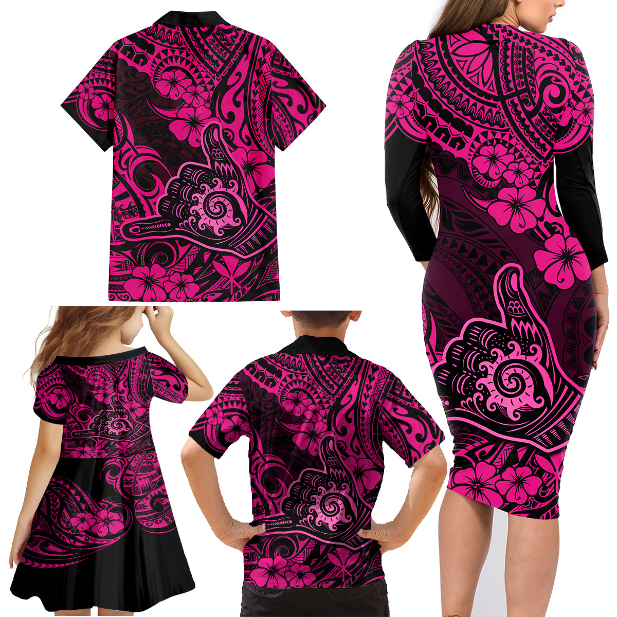 Hawaii Shaka Sign Family Matching Long Sleeve Bodycon Dress and Hawaiian Shirt With Polynesian Hibiscus Pink Unique - Wonder Print Shop