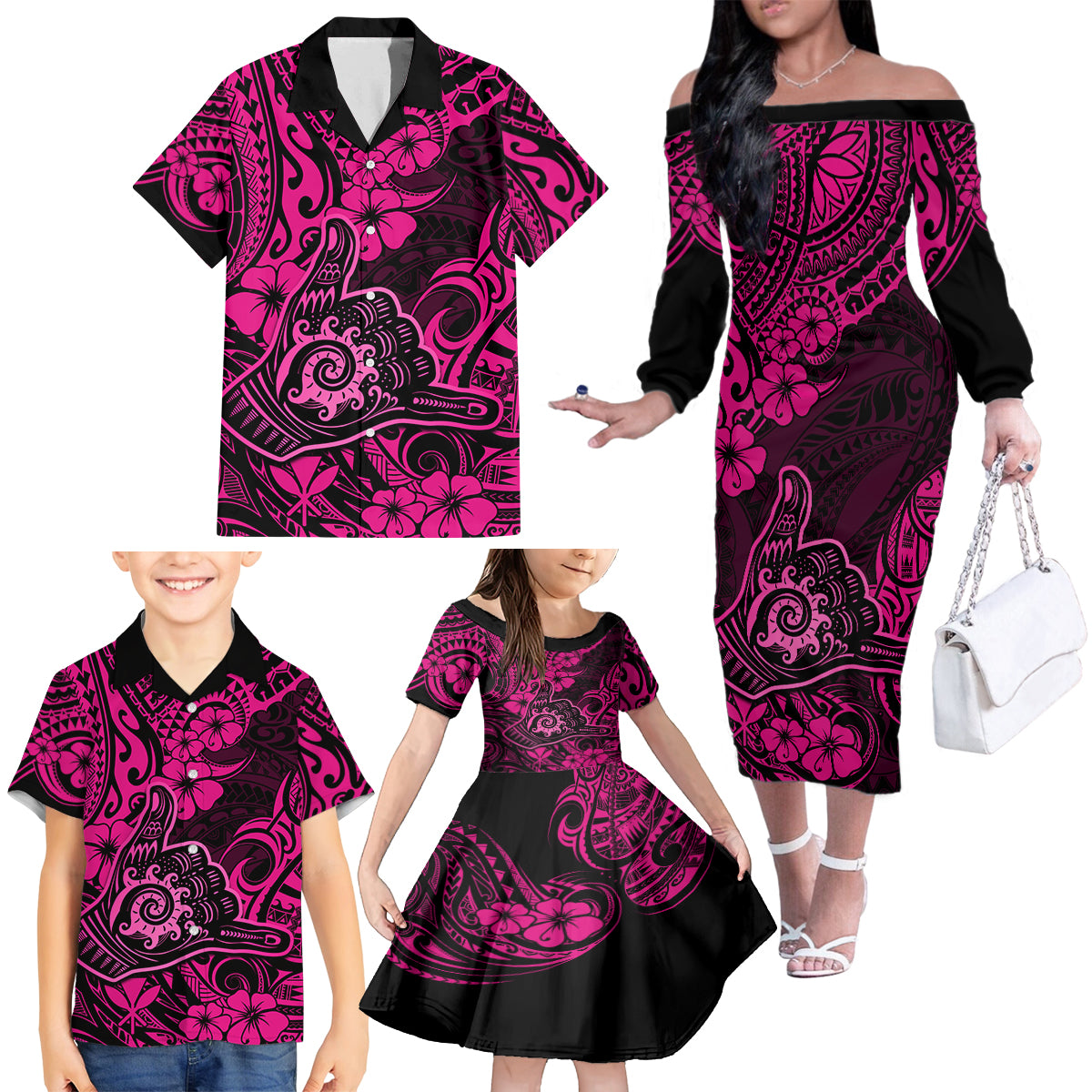 Hawaii Shaka Sign Family Matching Off Shoulder Long Sleeve Dress and Hawaiian Shirt With Polynesian Hibiscus Pink Unique - Wonder Print Shop