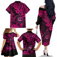 Hawaii Shaka Sign Family Matching Off Shoulder Long Sleeve Dress and Hawaiian Shirt With Polynesian Hibiscus Pink Unique - Wonder Print Shop