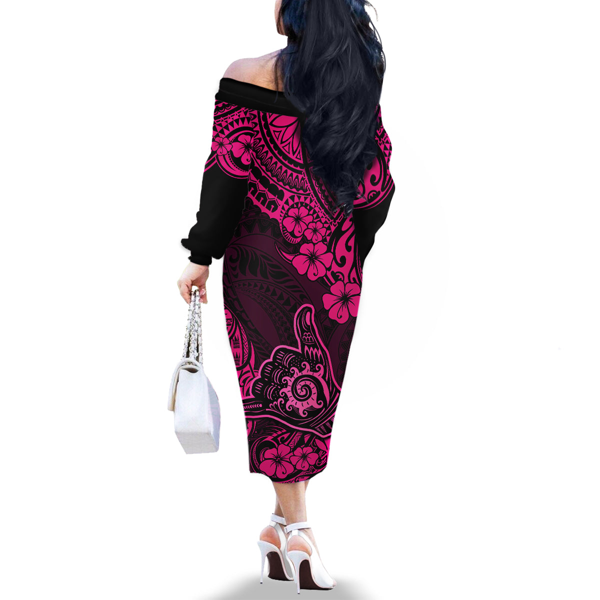 Hawaii Shaka Sign Family Matching Off Shoulder Long Sleeve Dress and Hawaiian Shirt With Polynesian Hibiscus Pink Unique - Wonder Print Shop