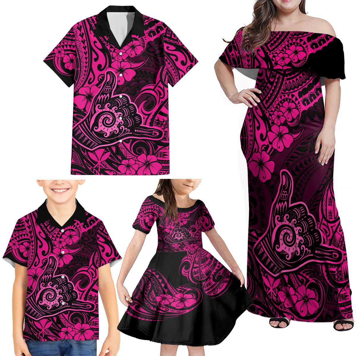 Hawaii Shaka Sign Family Matching Off Shoulder Maxi Dress and Hawaiian Shirt With Polynesian Hibiscus Pink Unique - Wonder Print Shop