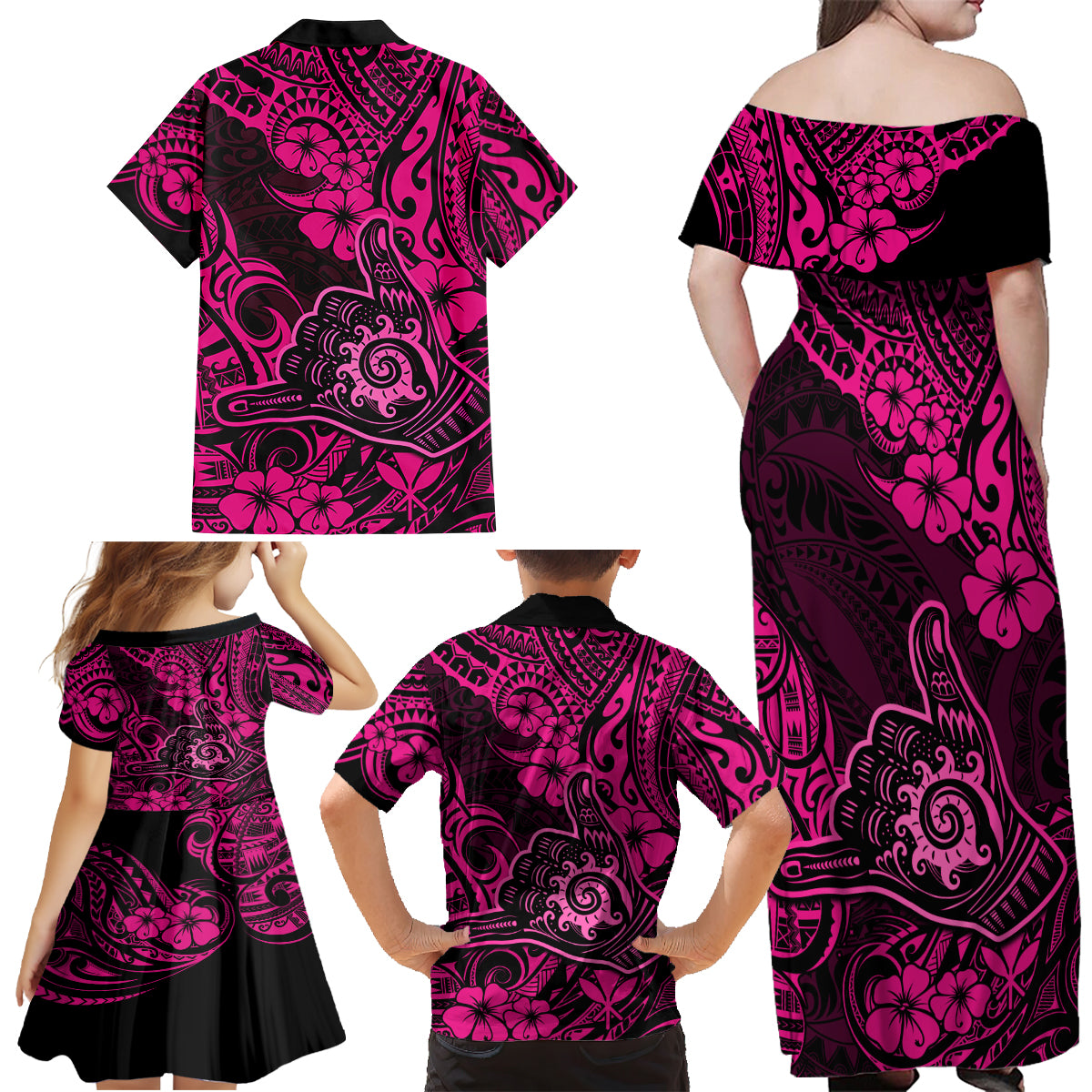 Hawaii Shaka Sign Family Matching Off Shoulder Maxi Dress and Hawaiian Shirt With Polynesian Hibiscus Pink Unique - Wonder Print Shop