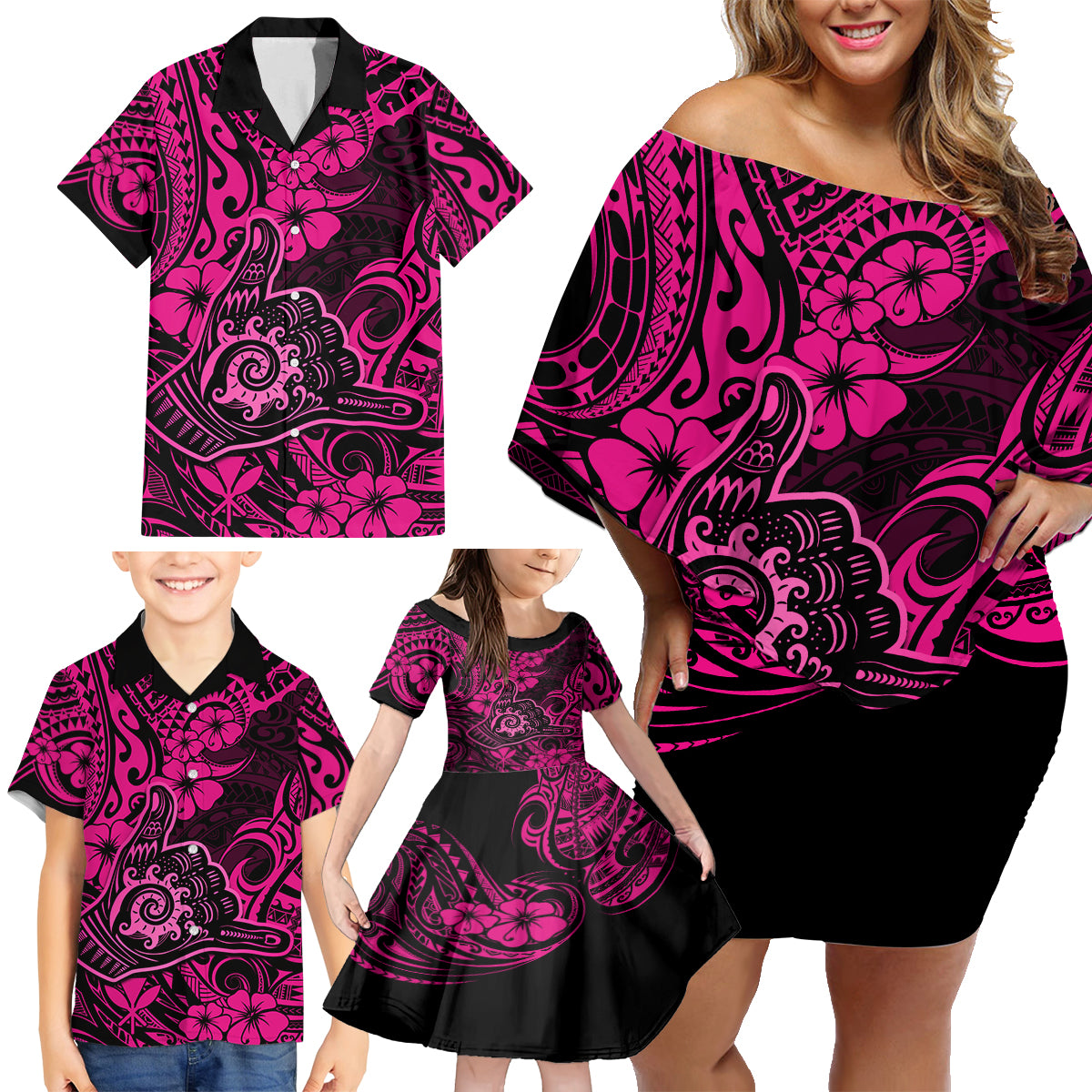 Hawaii Shaka Sign Family Matching Off Shoulder Short Dress and Hawaiian Shirt With Polynesian Hibiscus Pink Unique - Wonder Print Shop