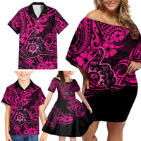 Hawaii Shaka Sign Family Matching Off Shoulder Short Dress and Hawaiian Shirt With Polynesian Hibiscus Pink Unique - Wonder Print Shop