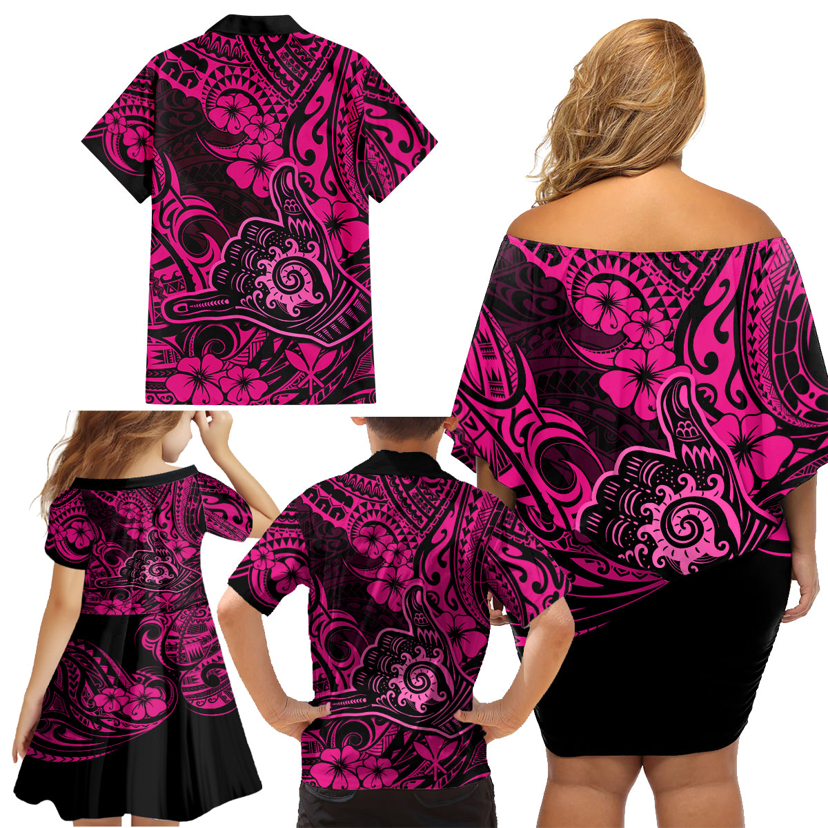 Hawaii Shaka Sign Family Matching Off Shoulder Short Dress and Hawaiian Shirt With Polynesian Hibiscus Pink Unique - Wonder Print Shop
