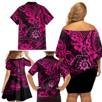 Hawaii Shaka Sign Family Matching Off Shoulder Short Dress and Hawaiian Shirt With Polynesian Hibiscus Pink Unique - Wonder Print Shop