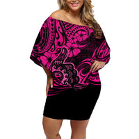 Hawaii Shaka Sign Family Matching Off Shoulder Short Dress and Hawaiian Shirt With Polynesian Hibiscus Pink Unique - Wonder Print Shop