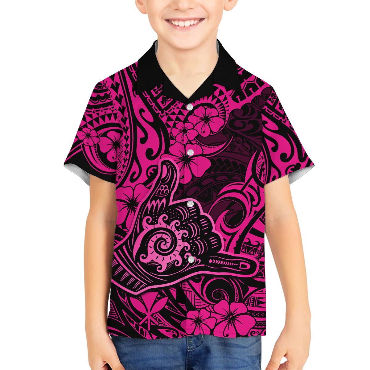 Hawaii Shaka Sign Family Matching Off Shoulder Short Dress and Hawaiian Shirt With Polynesian Hibiscus Pink Unique - Wonder Print Shop