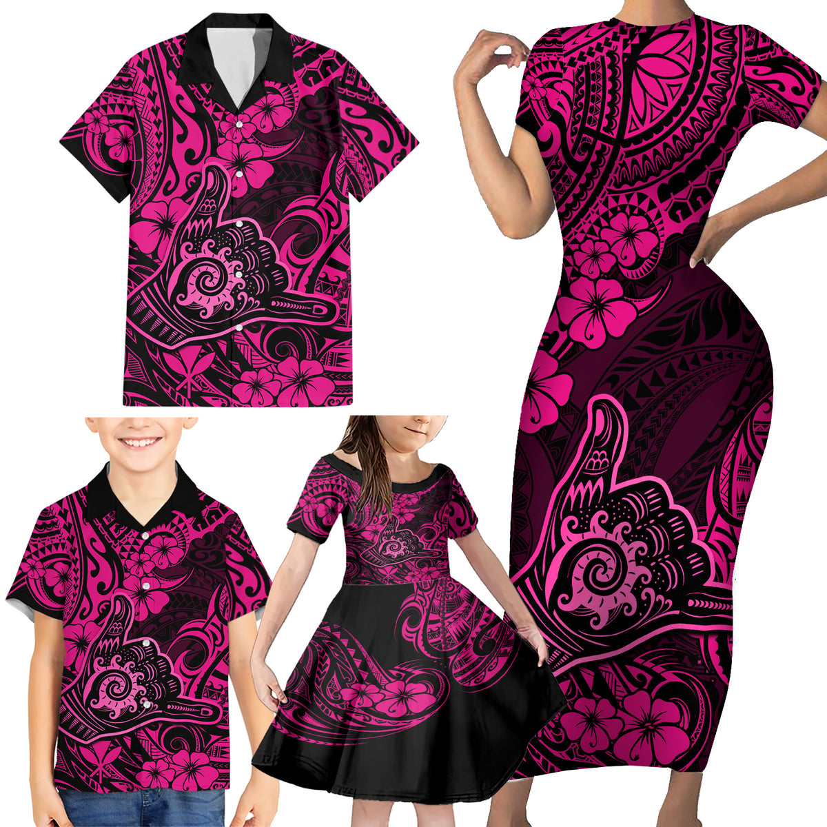 Hawaii Shaka Sign Family Matching Short Sleeve Bodycon Dress and Hawaiian Shirt With Polynesian Hibiscus Pink Unique - Wonder Print Shop