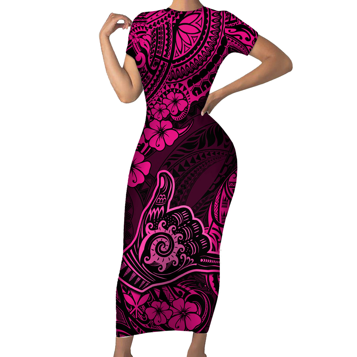 Hawaii Shaka Sign Family Matching Short Sleeve Bodycon Dress and Hawaiian Shirt With Polynesian Hibiscus Pink Unique - Wonder Print Shop