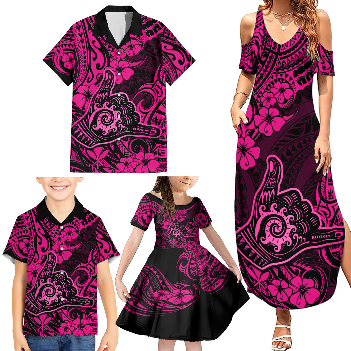 Hawaii Shaka Sign Family Matching Summer Maxi Dress and Hawaiian Shirt With Polynesian Hibiscus Pink Unique - Wonder Print Shop