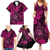 Hawaii Shaka Sign Family Matching Summer Maxi Dress and Hawaiian Shirt With Polynesian Hibiscus Pink Unique - Wonder Print Shop