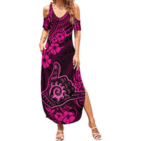 Hawaii Shaka Sign Family Matching Summer Maxi Dress and Hawaiian Shirt With Polynesian Hibiscus Pink Unique - Wonder Print Shop