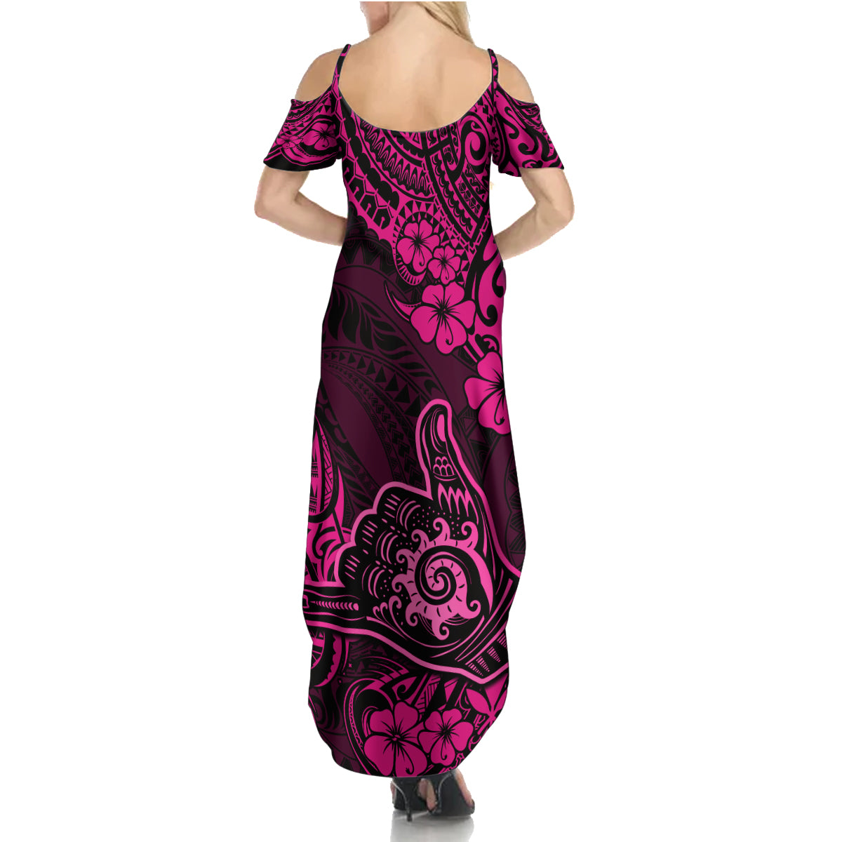 Hawaii Shaka Sign Family Matching Summer Maxi Dress and Hawaiian Shirt With Polynesian Hibiscus Pink Unique - Wonder Print Shop