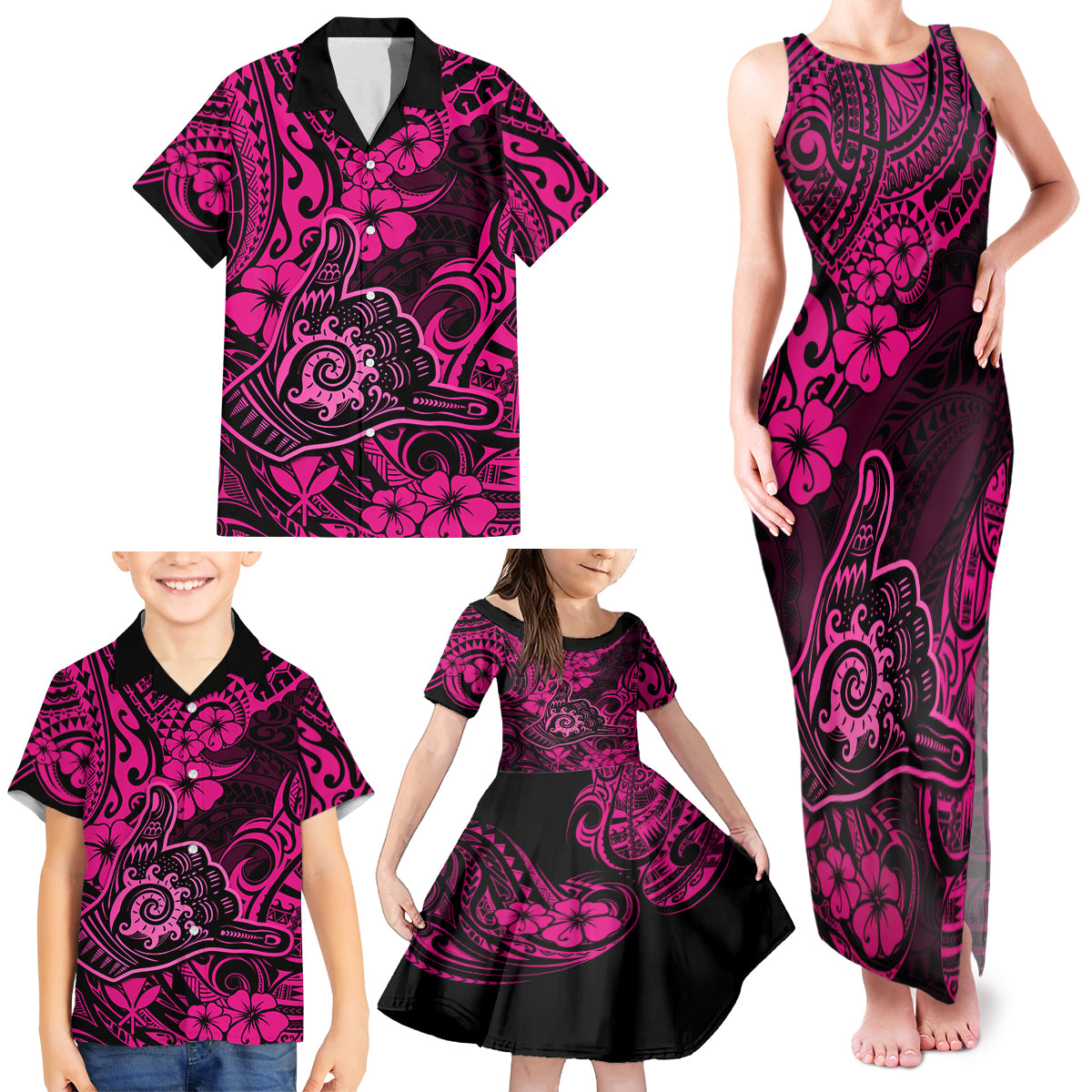 Hawaii Shaka Sign Family Matching Tank Maxi Dress and Hawaiian Shirt With Polynesian Hibiscus Pink Unique - Wonder Print Shop
